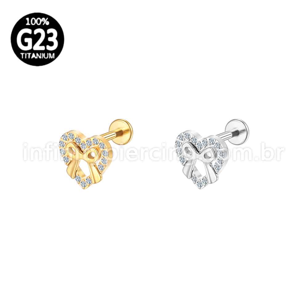 Piercing Labret Titânio Coração/Laço Zircônia